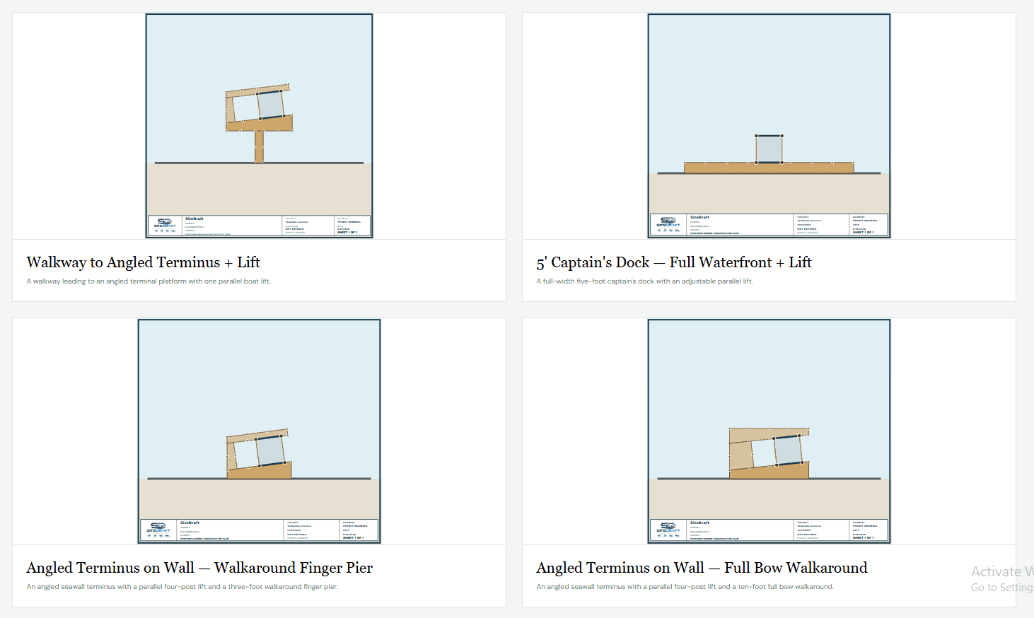 Four Cape Coral dock design examples including angled terminus, captain's dock, and walkaround layouts