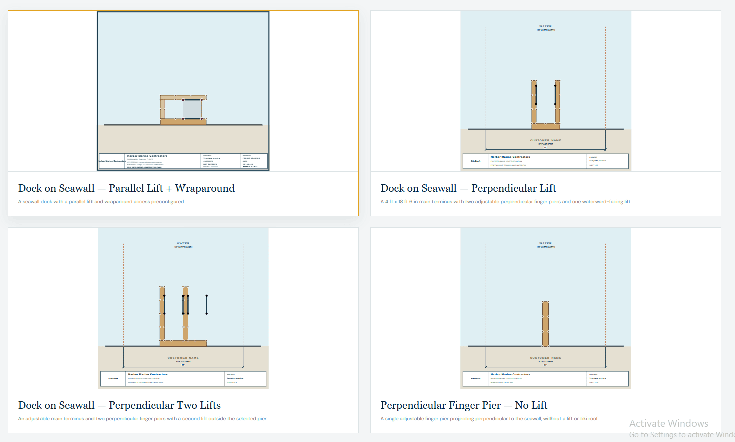 Examples of four adjustable Contractor Pro dock and lift templates